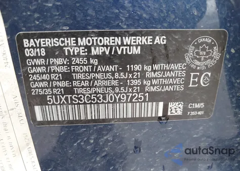 2018 BMW X3 M40I из США, поврежденный, VIN 5UXTS3C53J0Y97251